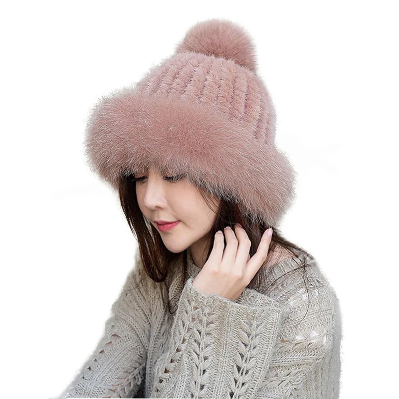 

2024 Winter Womens Mink Fur Hats Natural Real Fur Knitted Cap Fashionable Fluffy Ladies Genuine Fur Beanie Female Black Fur Caps