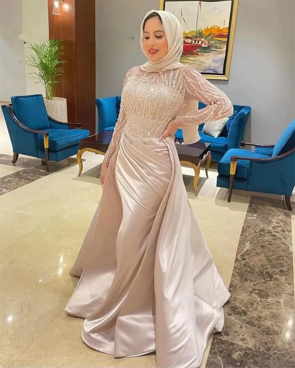 

Modest O-neck Long Sleeves Mermaid Evening Dresses Shiny Sequins Bodice Satin Skirt Muslim Dubai Wedding Party Formal Gowns 2024