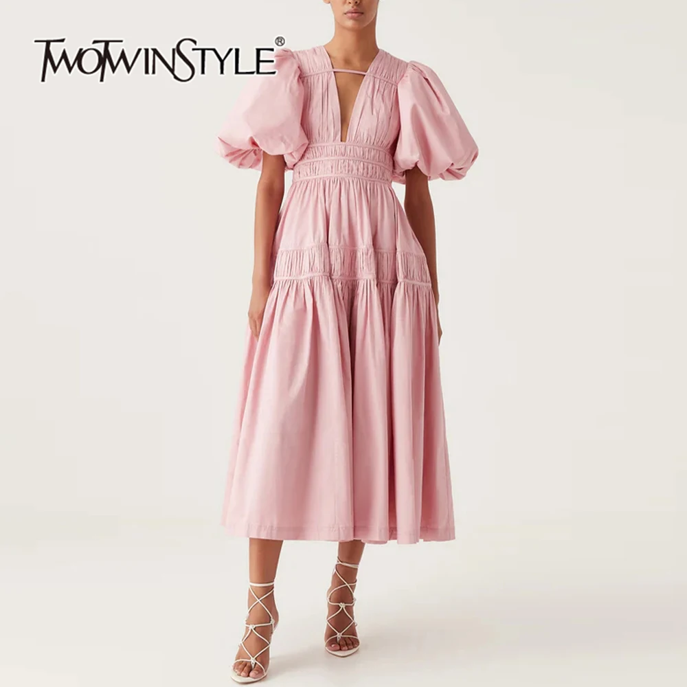 

TWOTWINSTYLE Solid Minimalist Spliced Folds Dress For Women V Neck Puff Sleeve High Waist Elegant Dresses Female New KDR506721