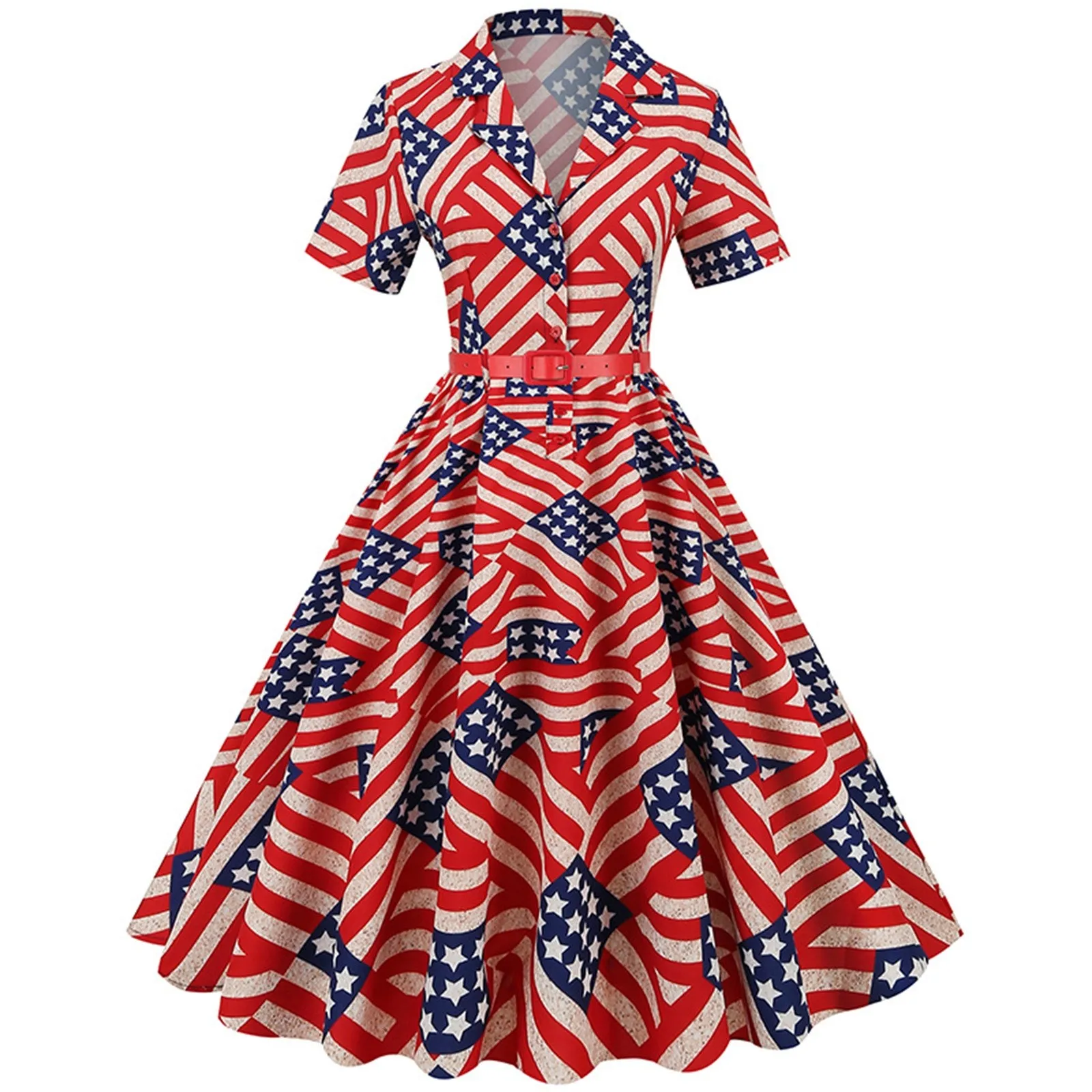 

Independence Day Print Women Cocktail Party Dress Retro Casual Pleat Dresses Short Sleeve Button Belt Flag Swing Vestidos Summer