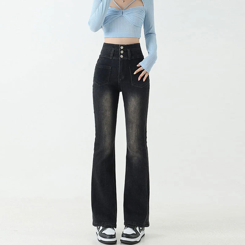 

High-waisted micro denim jeans women stretch black and gray design sense row button horseshoe flare trailing long pants