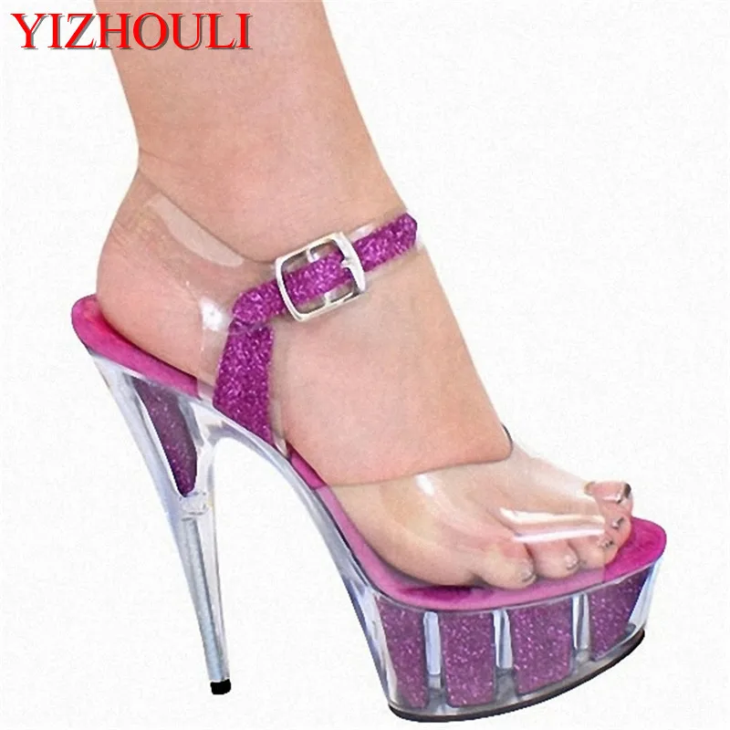 

15 cm stylish color core sandals, 6 inch chunky heels with crystal peep-toe sexy woman dance shoes