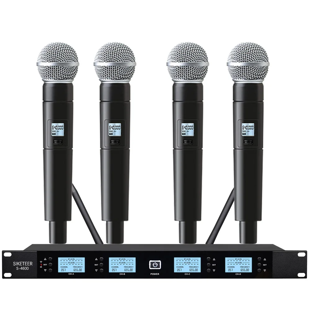 

Microphone Wireless Professional 4 Channels System ：Combo of Handheld Lavalier Headset and Gooseneck Mics for Various Occasions