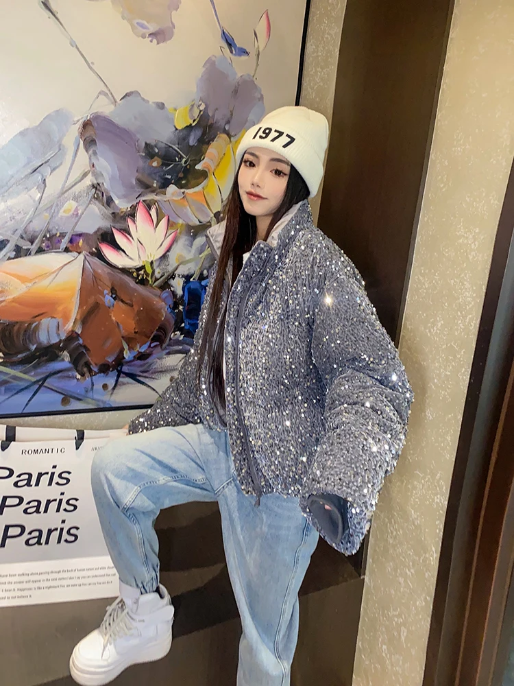 Пуховик женский зимний утепленный из хлопка, с блестками
Пуховик женский зимний утепленный из хлопка, с блестками