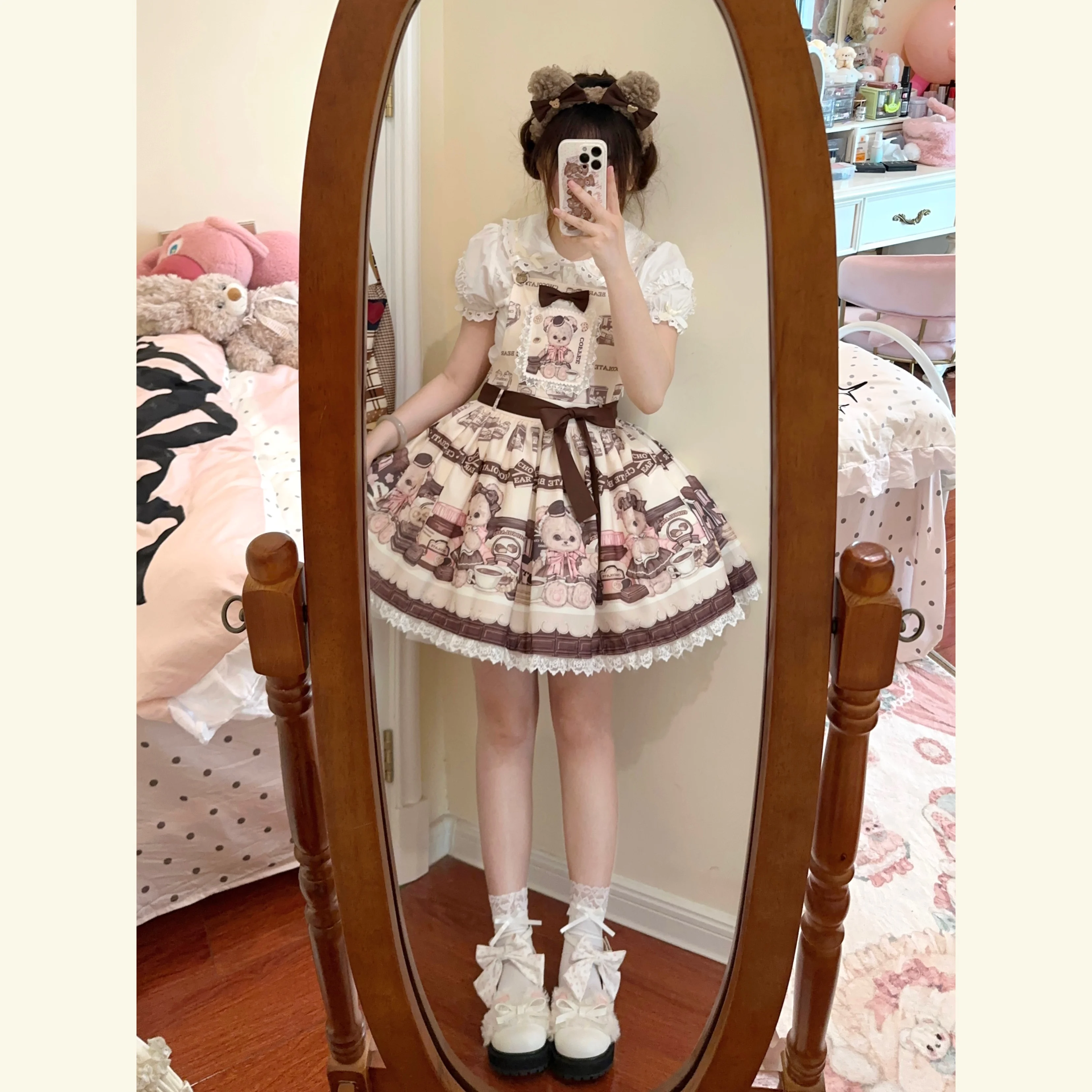 

Victorian Sweet Lolita Jsk Dress Soft Bear Cartoon Cute Print Strap Dress Japanese Summer Girl Kawaii Party Suspenders Dresses