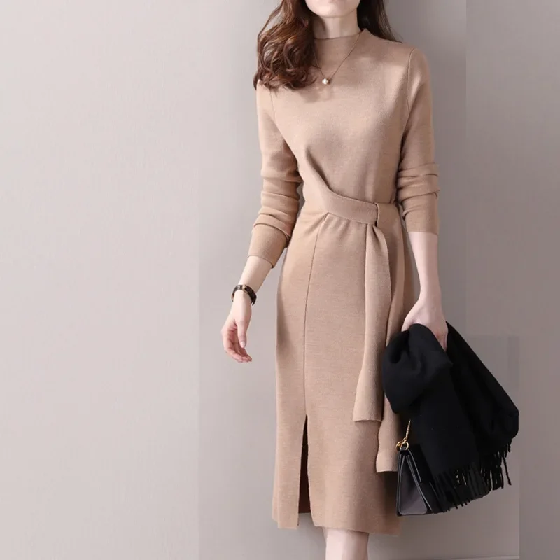 

Autumn and winter new fashion semi-high-neck knitted dress women's mid-length lacing temperament waist slit base skirt