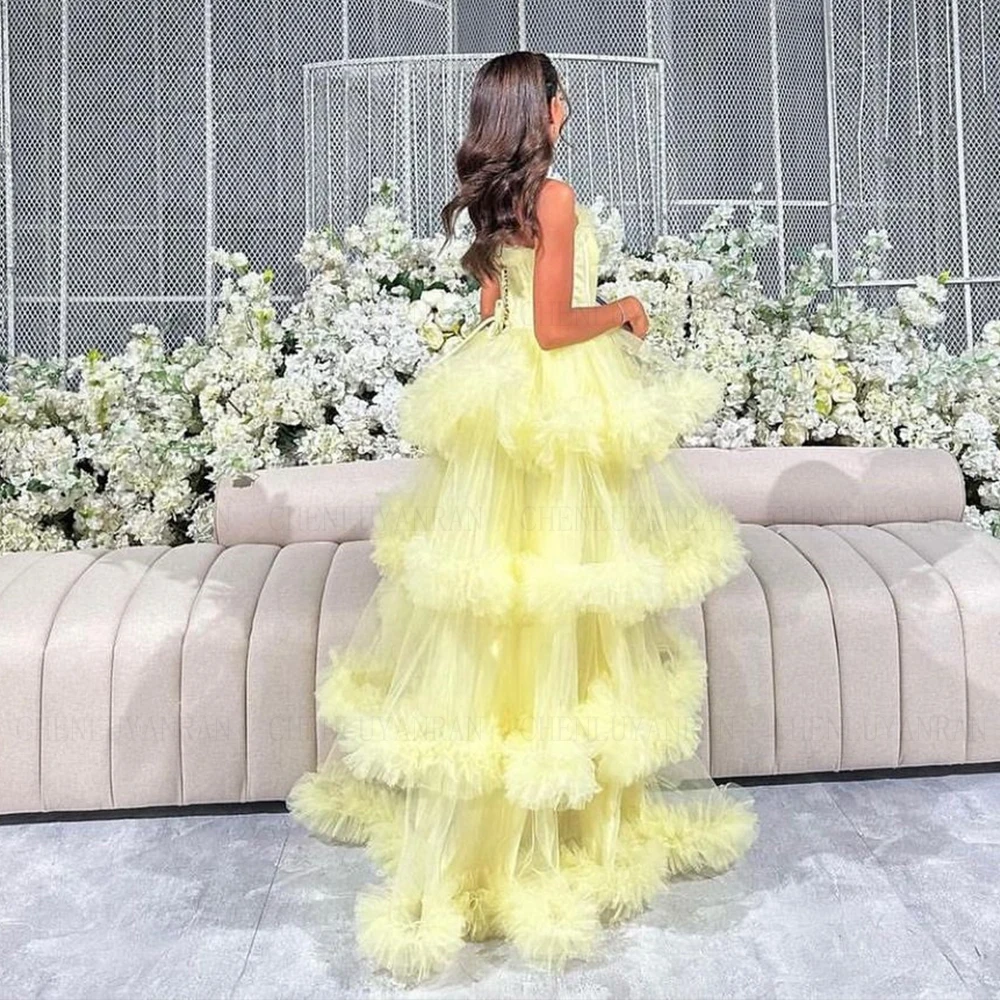 

Yellow Pleat Formal Occasion Dresses 2023 Sweetheart Tiered Puffy Long Ball Gown A-line Tulle Evening Party Gowns فساتين الحفلات