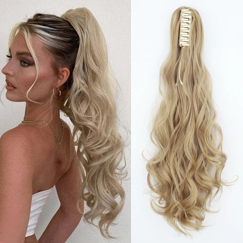 

Synthetic 24Inch Long Wavy Claw Clip On Ponytail Hair Extension Blonde Ponytail Extension For Women Pony Tail Hair Hairpiece