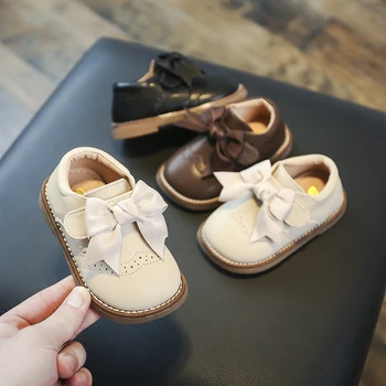 아기 소녀 소 가죽 신발, 가을 편안한 유아 신발, 어린이 부드러운 바닥, 미끄럼 방지, 어린이 나비 매듭 공주 신발, 2023
