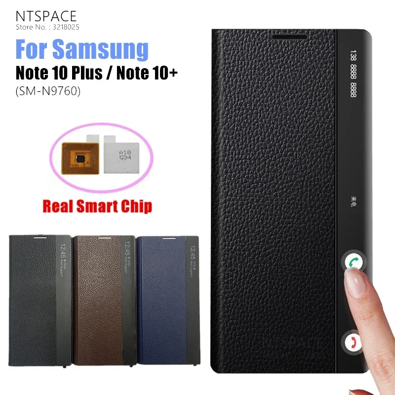 

High Quality Lychee Texture Leather Cover For Samsung Galaxy Note 10 Plus Note10+ Window View Clear Smart Chip Free-flip Cases