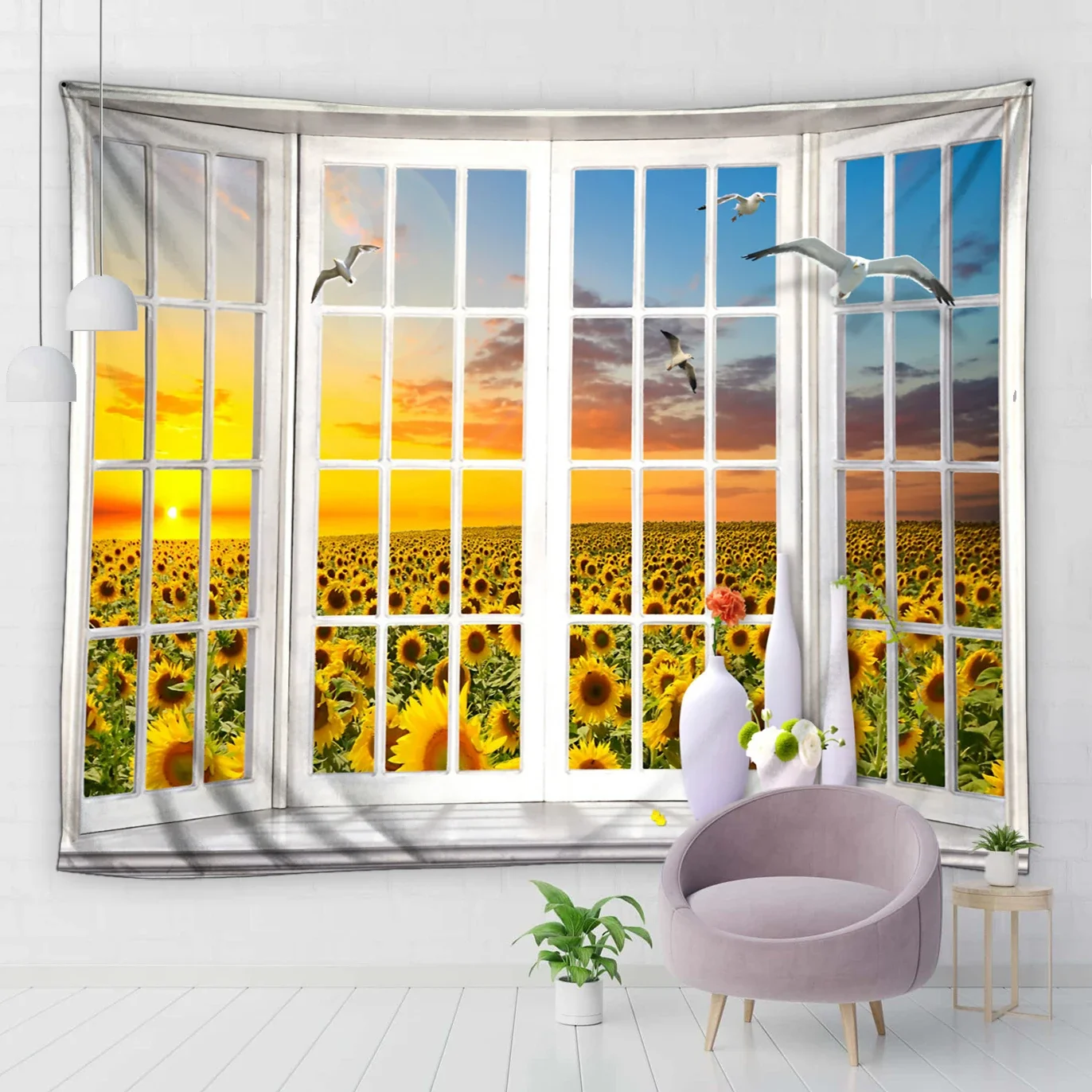 

3D Sunflower Field Tapestry Wall Hanging Sun Sea Beach Landscape Tapestry Window Tapestries for Bedroom Living Room Home Decor