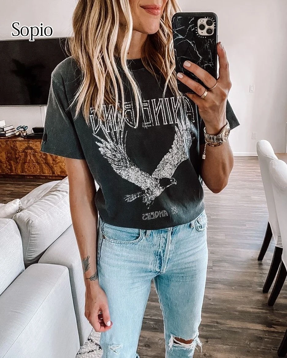 Cotton Fashion Summer Tees Short Sleeve Round Neck Loose Trendy Tops New Black Grey Eagle Letter Print Luxury Women T-shirts
Cotton Fashion Summer Tees Short Sleeve Round Neck Loose Trendy Tops New Black Grey Eagle Letter Print Luxury Women T-shirts