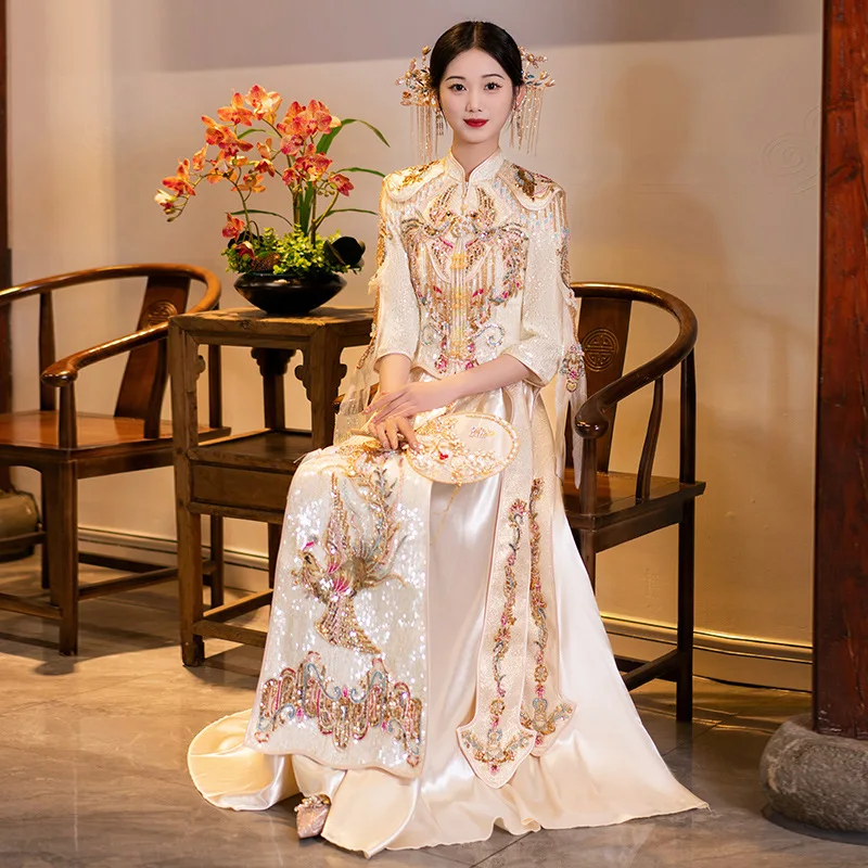 

Yourqipao 2023 Chinese Couple Vintage Mandarin Collar Cheongsam Toast Clothing Costume Dragon Phoenix Embroidery Wedding Dress