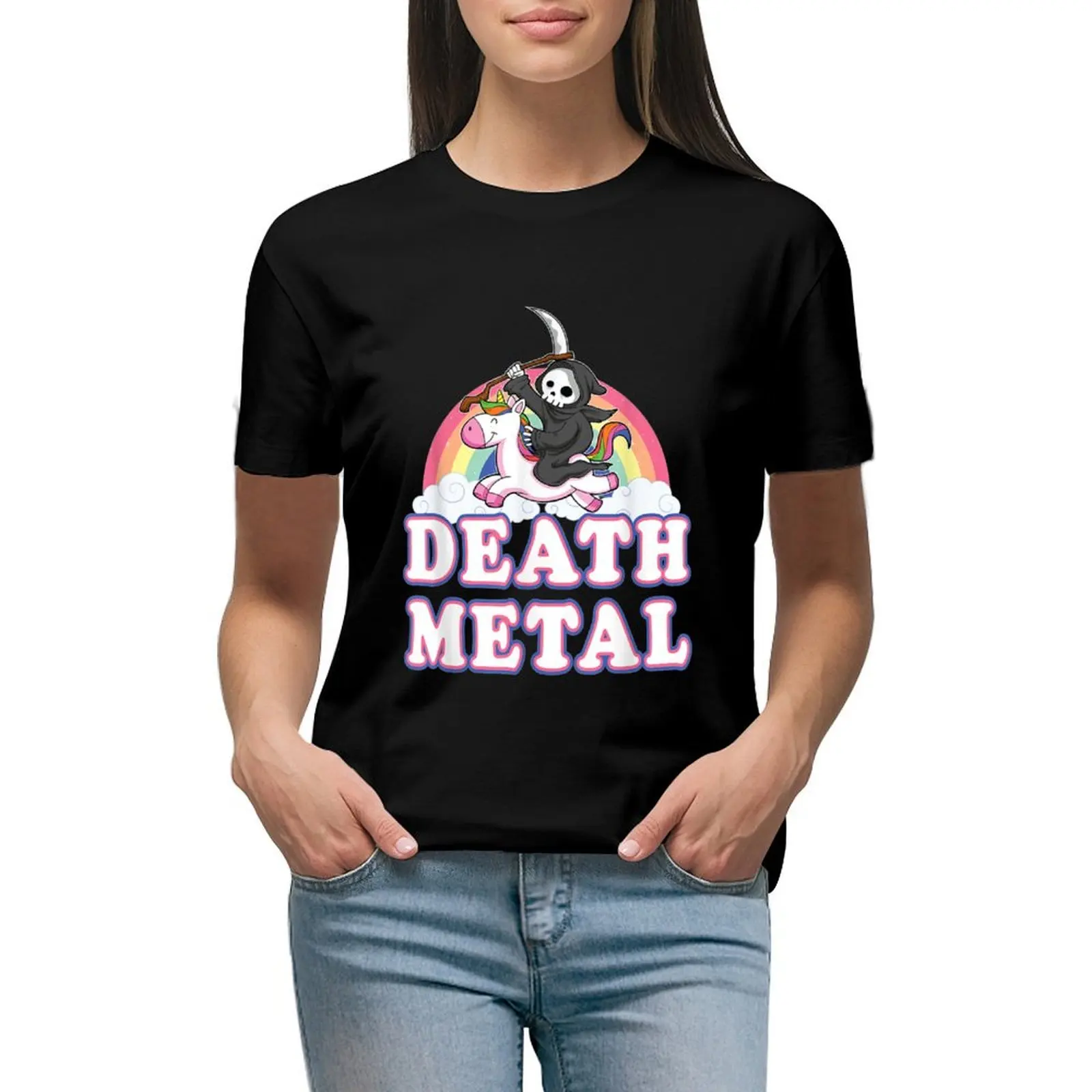 

Death Metal Rainbow Grim Reaper Unicorn T-shirt tees summer tops vintage clothes T-shirts for Women
