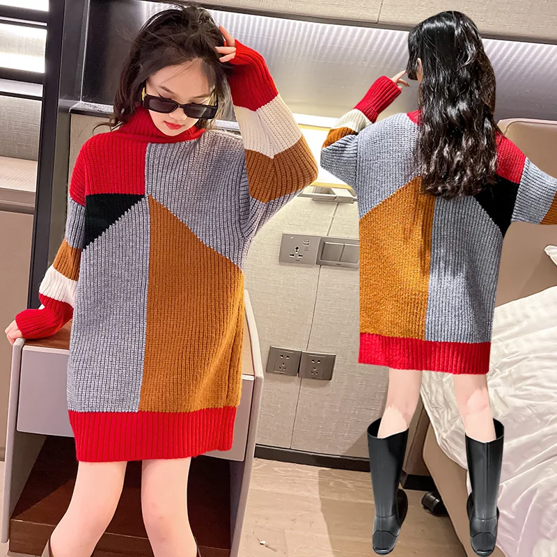 Girls Autumn Winter Sweaters New Fashion Knitted Dresses Contrast Color Turtleneck Pullovers Teens Clothes Mid-Length Tops 4-14Y
Girls Autumn Winter Sweaters New Fashion Knitted Dresses Contrast Color Turtleneck Pullovers Teens Clothes Mid-Length Tops 4-14Y