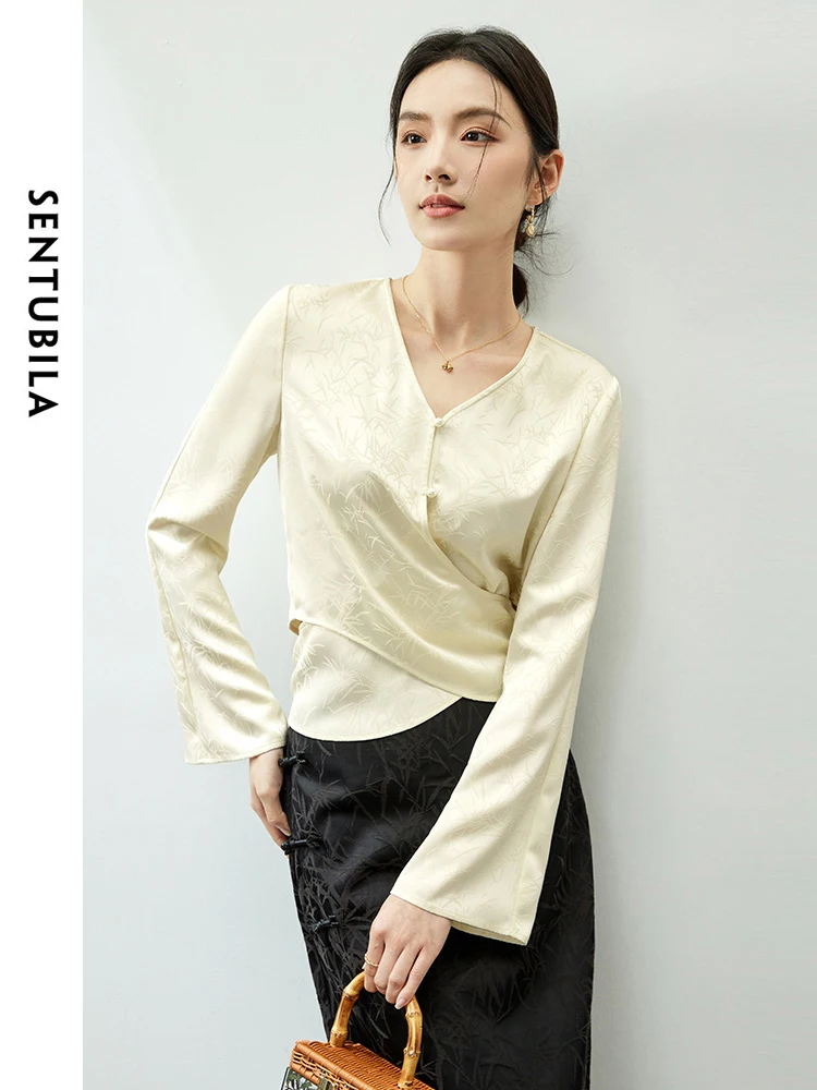 

SENTUBILA Jacquard Light Apricot V-neck Shirt Chinese Style 2024 Lace-up Long Sleeve Chiffon Blouses Tops for Woman 141V52396