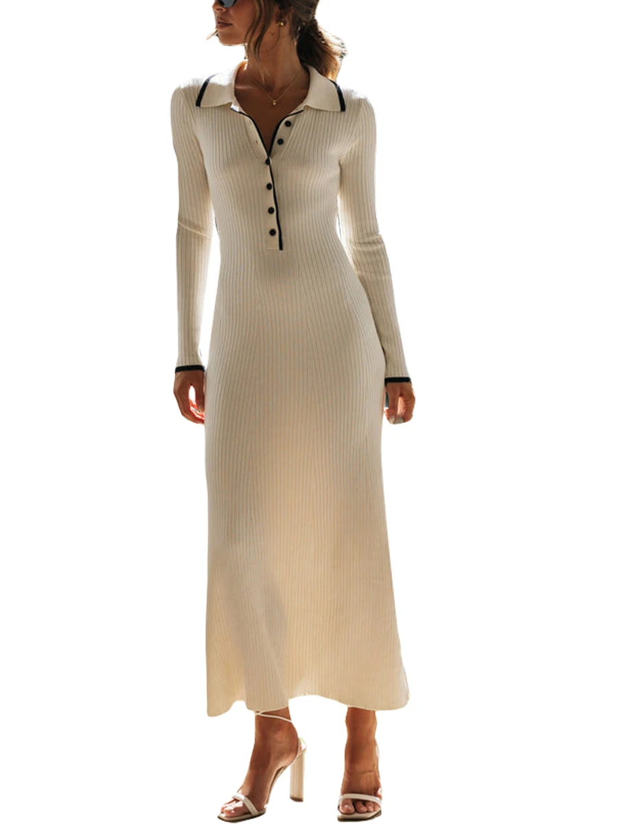 

Женское трикотажное платье макси в рубчик, облегающее длинное платье с длинным рукавом, отложным воротником и пуговицами, уличная одежда на осень и зиму