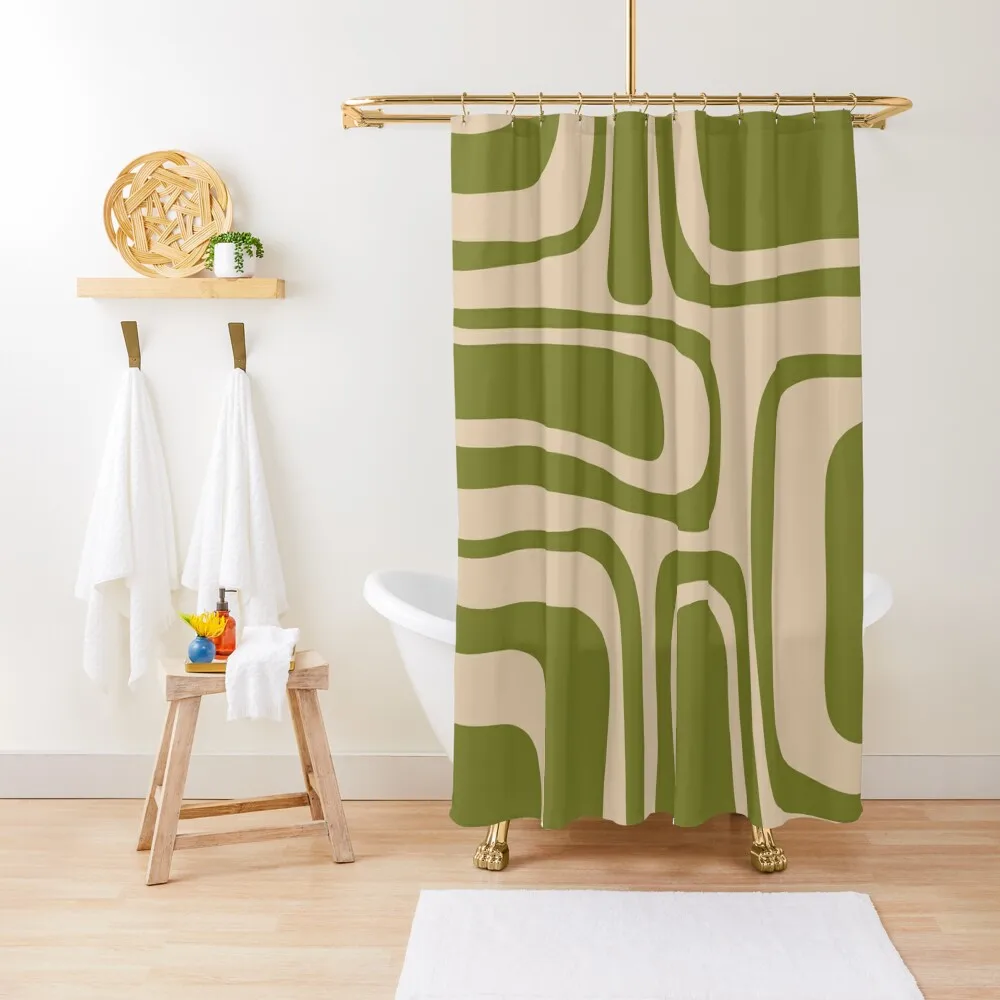 

Palm Springs Retro Midcentury Modern Abstract Pattern in Mid Mod Beige and Olive Green Shower Curtain Shower Curtain Bathroom