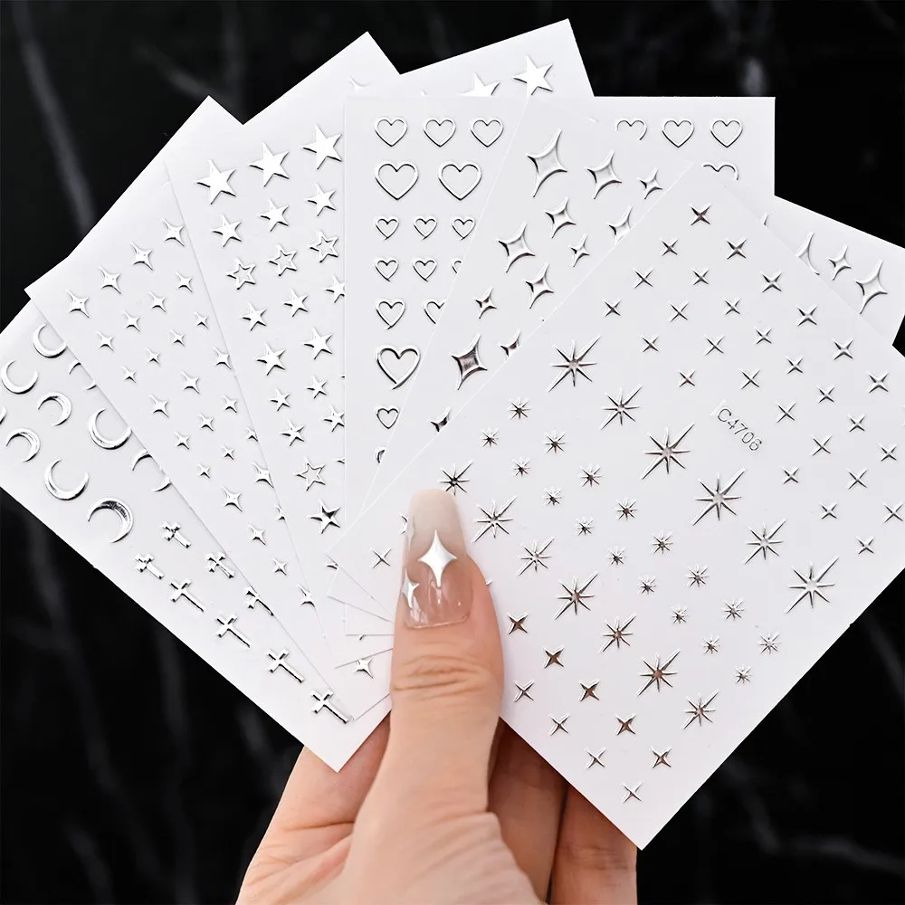 

3D Mirror Effect Nail Art Sticker Self Adhesive Metallic Silver Glitter Stickers Star/Love Heart Nail Decals Manicure Art Slider