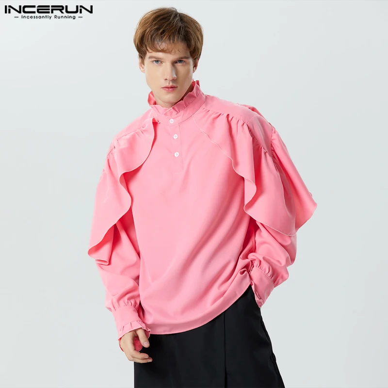 

Men Shirt Solid Color Ruffle Stand Collar Long Sleeve Unisex Irregular Shirts Streetwear 2023 Loose Casual Camisas S-5XL INCERUN