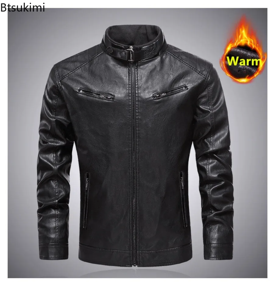 

2024 Men's Motorcycle Jacket Stand Collar Slim Zip PU Leather Jackets New Plush Lining Winter Warm Faux Leather Jacket Coats Men