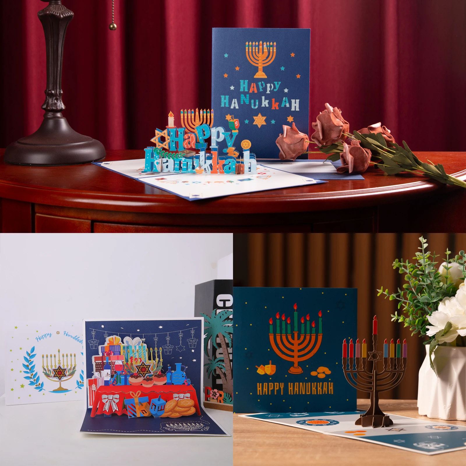 

3D Happy Hanukkah Day Gift Card Candlestick Pop Up Greeting Cards for Family Kids Mom Dad Husband Wife