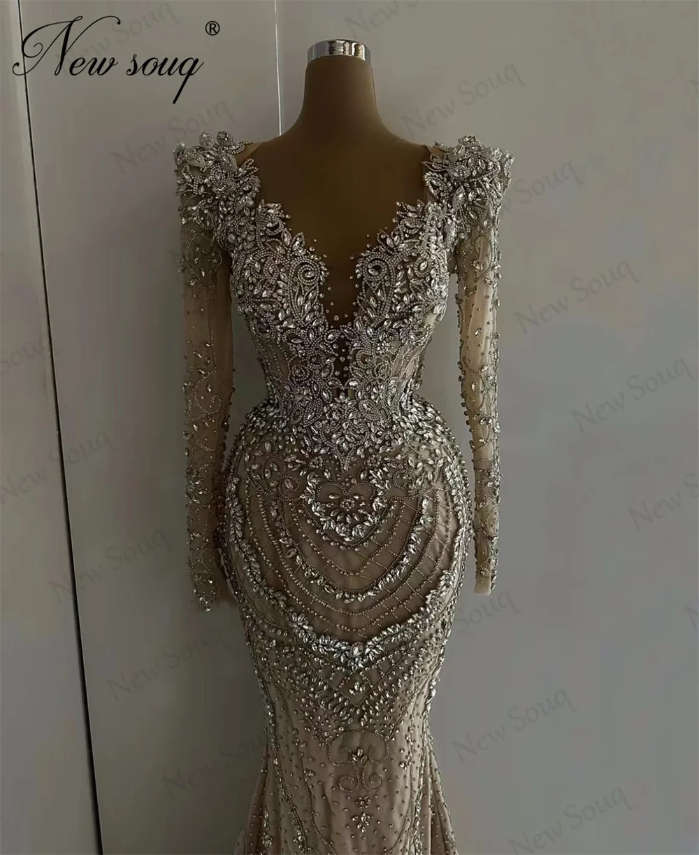 

Full Beading Crystals Evening Dresses Elegant New Arabic Long Sleeves Prom Dress Pageant Robes De Soiree Cocktail Party Gowns