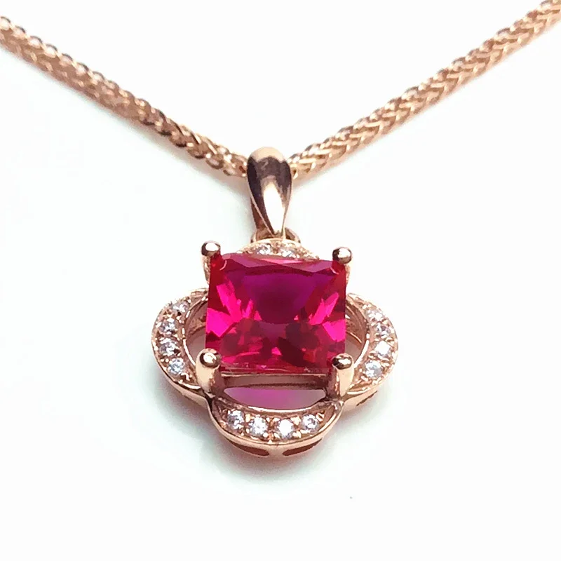 

585 Purple Gold Plated 14K Rose Gold Inlaid Ruby Geometric Pattern Neckalce for Woman New Classic Wedding Jewelry Chains Pendant