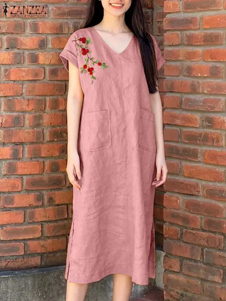 

Винтажный летний сарафан с цветочной вышивкой ZANZEA, женское элегантное платье миди с разрезом на подоле, модное платье с V-образным вырезом и коротким рукавом