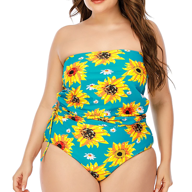 

Sunflower Plus Size Bandeau Tankini Sets Adjutable Bendeau Top High Waisted Bikini Bottom Swimsuit Large Size Swimwear No Pads