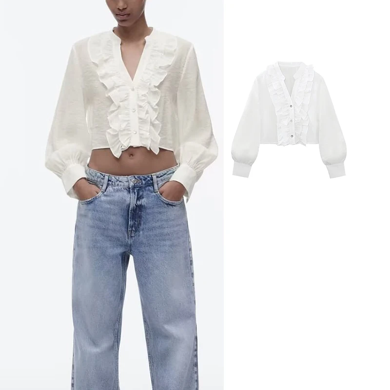 TRAF 2024 Spring Ruffle Shirt For Women New Long Sleeve Button Shirt Elegant Cropped Womens Tops White Blouses
TRAF 2024 Spring Ruffle Shirt For Women New Long Sleeve Button Shirt Elegant Cropped Womens Tops White Blouses