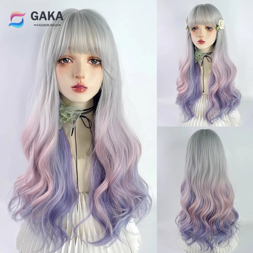

GAKA Rainbow Ombre Gray White Pink Purple Gradient Long Lolita Wavy Women Wig with Bangs Synthetic Fluffy Wig for Party Cosplay