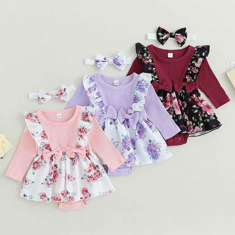 

Комбинезоны для новорожденных девочек 0-18 месяцев, платье с длинным рукавом, трикотажная юбка в рубчик с цветочным принтом, подол, комбинезоны с повязкой на голову, Осенние боди
