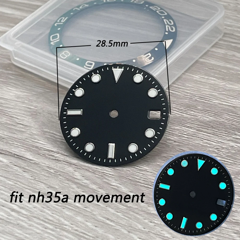 

For NH35A 28.5mm Sterile Black Watch Dial Face Plate Blue&Green Luminous Index Crown at 3 Date Window