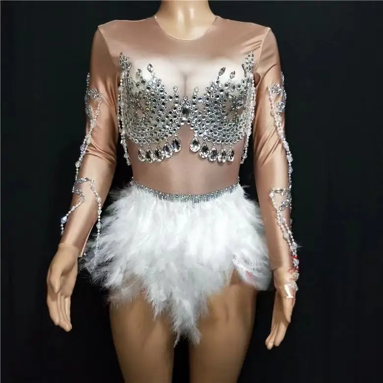 

Crystals White Feathers High Stretch Bodysuit Nightclub DJ Female Dancer Costume Sexy Pole Dancing Party Singer Show Stage Wear