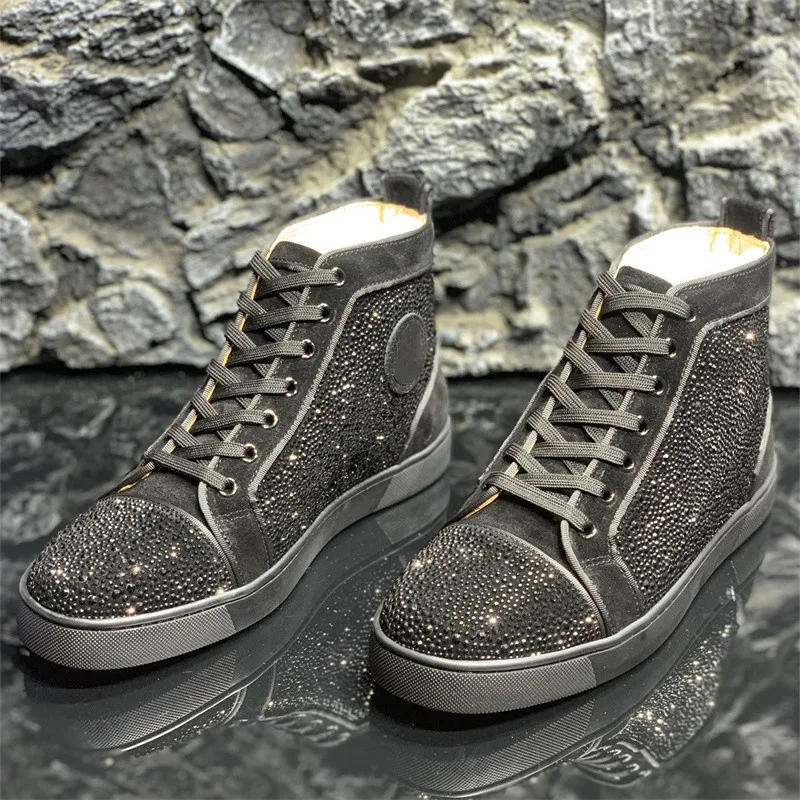 Luxury Red Bottom High Top Shiny Black Suede Diamond Crystal Shoes For Men's Casual Flat Loafers Women's Designer Brand Sneakers
Luxury Red Bottom High Top Shiny Black Suede Diamond Crystal Shoes For Men's Casual Flat Loafers Women's Designer Brand Sneakers