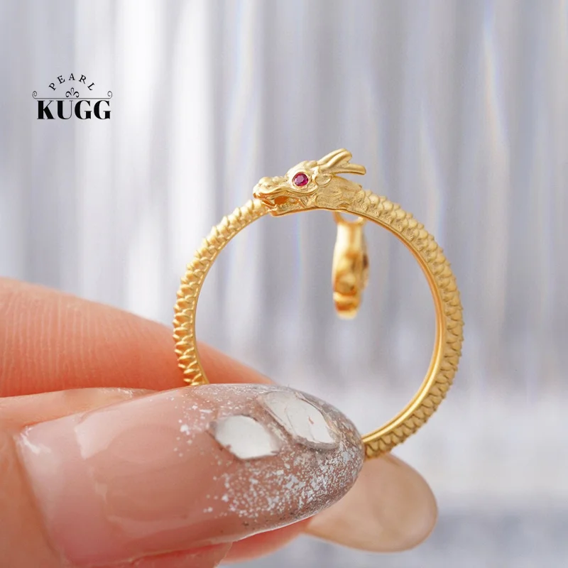 

KUGG 18K Yellow Gold Rings Fashion Dragon Shape INS Style Real Natural Ruby or Diamond Ring for Women High Party Jewelry