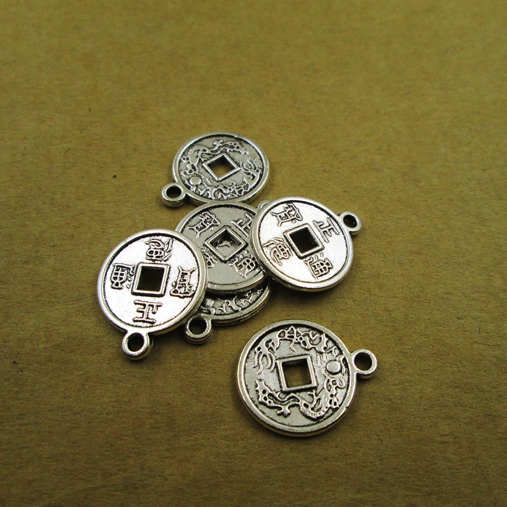 

40pcs 17*14mm Chinese Ancient Coins Lucky Coins DIY Charms Pendants DIY necklace/ bracelets charms antique silver tone