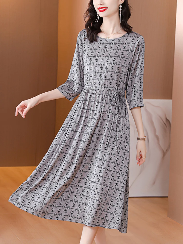 

O-Neck Floral Mulberry Silk Midi Vintage Dress 2023 New Women Party Elegant Korean Fashion Casual Tunics Bodycon Robe Longue