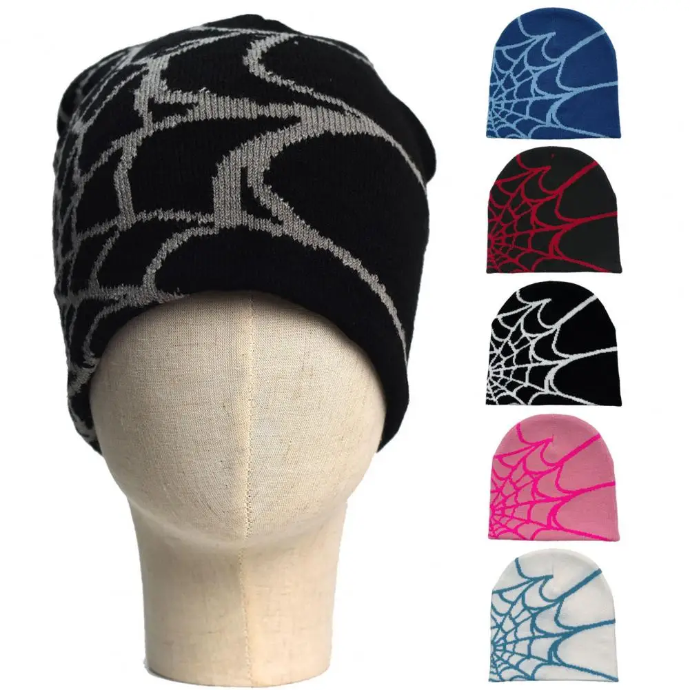 

Jacquard Hat Spider Web Print Knitted Unisex Beanie Hat Halloween Party Cap High Elasticity Anti-shrink Contrast for Winter