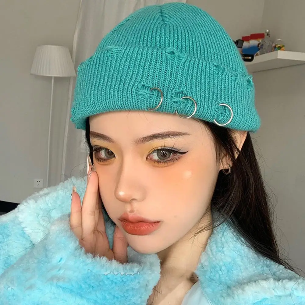 

Metal Ring Knitted Hat Hip Hop Ripped Flanging Ladies Hat Solid Color Woolen Yarn Beanie Cap Autumn Winter Female Knit Skull Cap