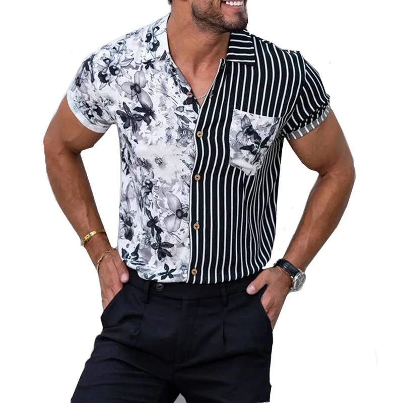 

2023 Summer New Mens Vintage Black White Striped Shirt Luxury Short Sleeve Hawaii Beach Shirts For Men Blusas Camisa Masculina