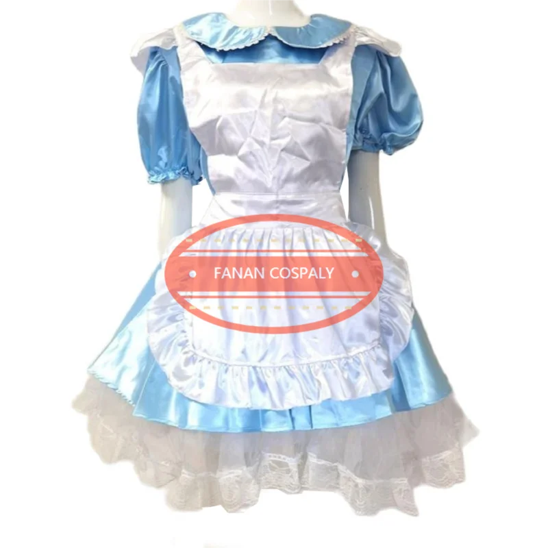 

Adult Giant Baby Sexy Girl Blue Thin Sissy Short Sleeve Dress White Apron Japanese maid Role Play Customizable Lockable