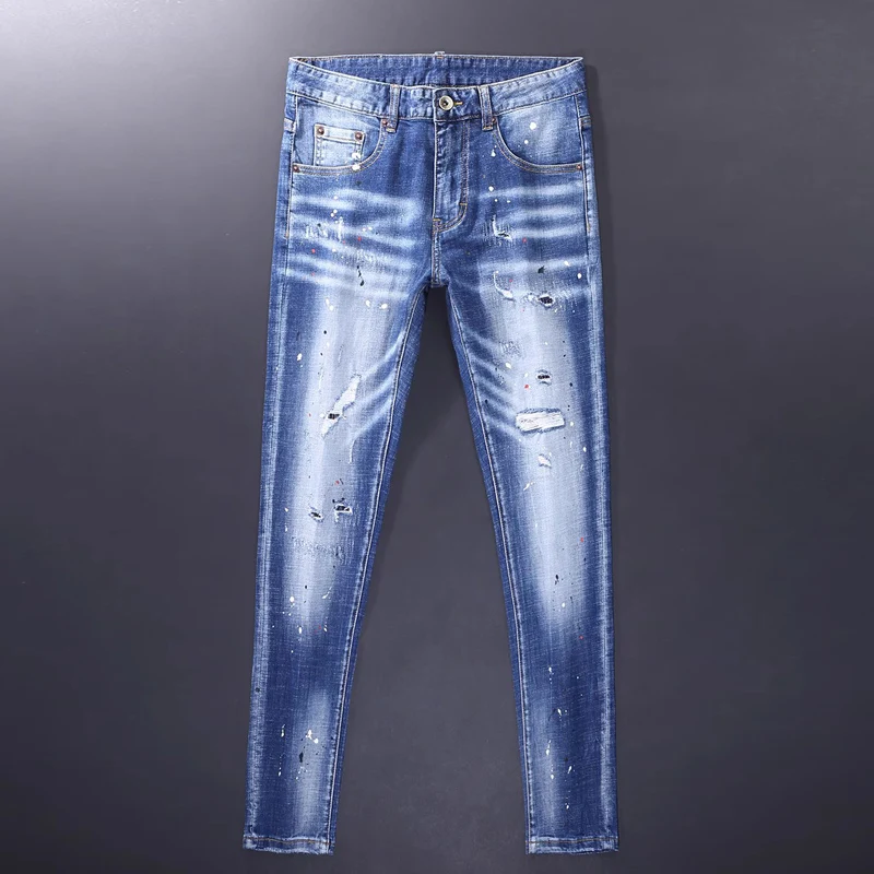 

Street Fashion Men Jeans Retro Blue Elastic Stretch Slim Ripped Jeans Men Painted Designer Trousers Vintage Denim Pants Hombre