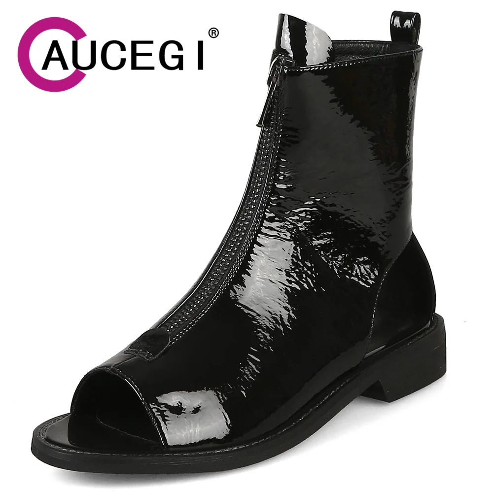 

Aucegi Concise Women Sandals Ankle Boots Peep Toe Summer Thick Low Heels Patent Leather Front Zipper Casual Handmade Shoes