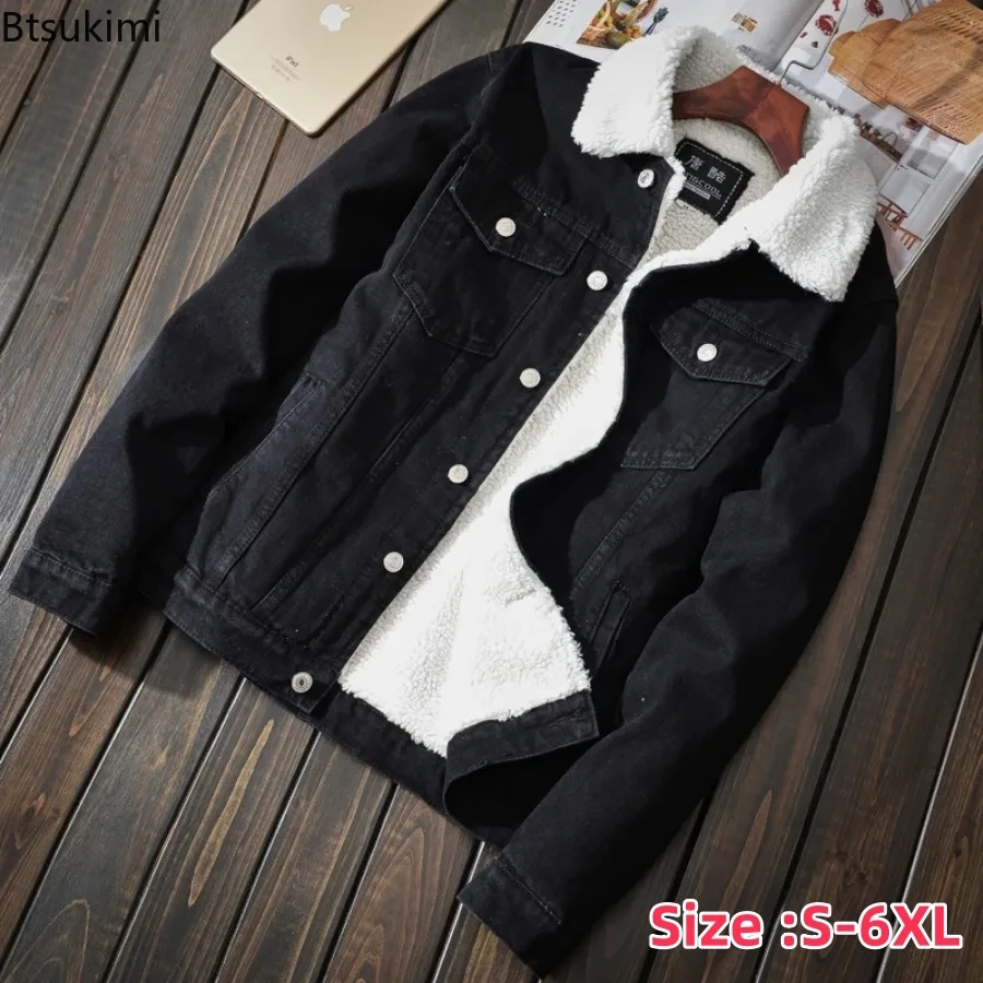 

Men's Autumn Winter Solid Casual Jacket 2024 Denim Jacket Male Thickened Lamb Fleece Lined Warm Coats for Men Plus Size S-6XL