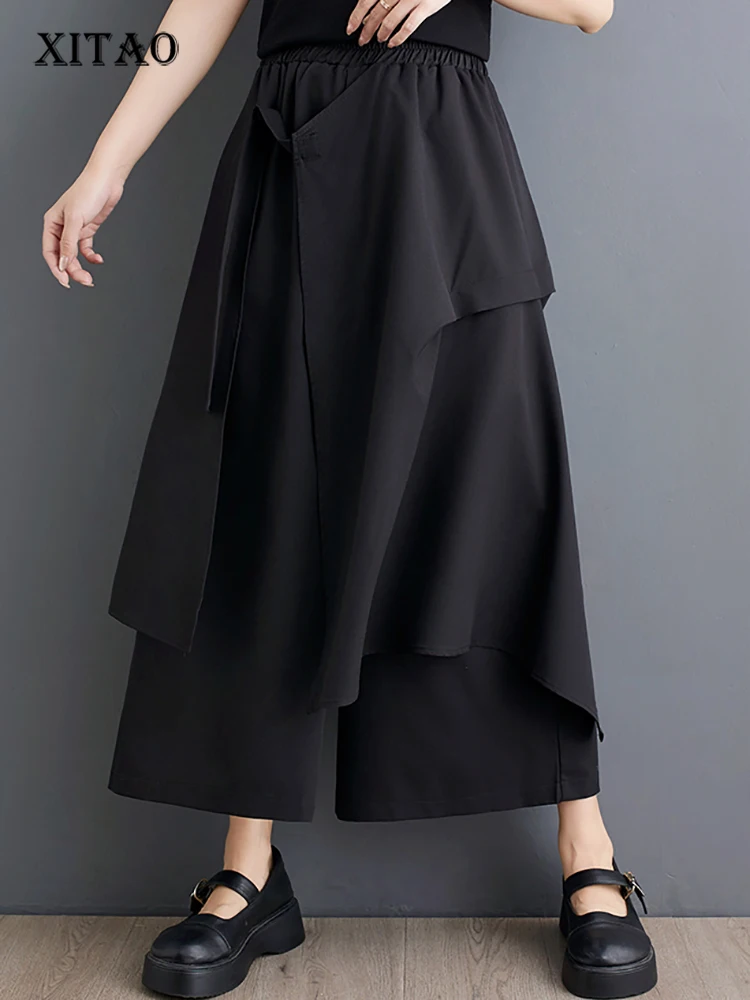 

XITAO Asymmetric Patchwork Wide Leg Pants Elastic Waist Solid Color Personality Fashion Simplicity Women New Pant LYD1824