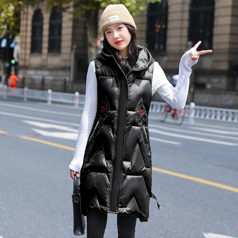 #0455 Winter Hooded Vest Women Zipper Warm Outerwear Long Vest Coat Female Slim Korean Style Shiny Surface Sleeveless Jacket
#0455 Winter Hooded Vest Women Zipper Warm Outerwear Long Vest Coat Female Slim Korean Style Shiny Surface Sleeveless Jacket