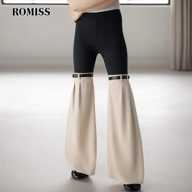 

ROMISS Patchwork Belt Colorblock Casual Trousers For Women High Waist Spliced Pockets Streetwear Slimming Flare Pants Female New
