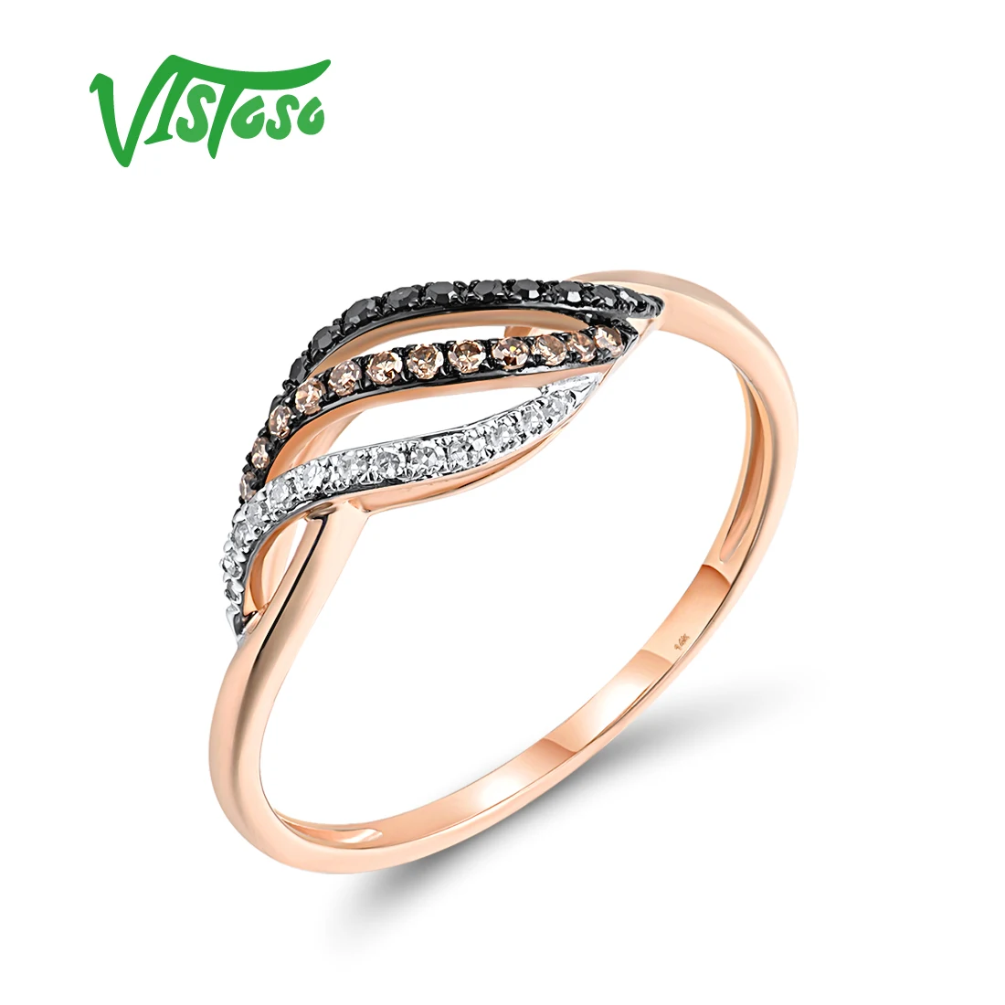 

VISTOSO Real 14K 585 Yellow Gold Ring For Women Sparkling White Black Brown Diamonds Vintage Wedding Delicate Gifts Fine Jewelry